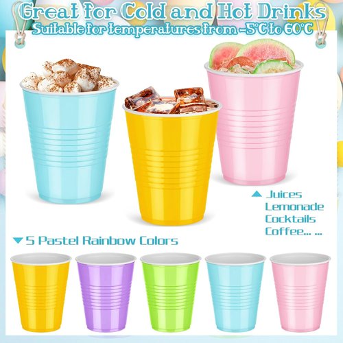Kochorie 12 Ounce Disposable Plastic Cups - 50 Pack in Pastel Rainbow for Parties & Events