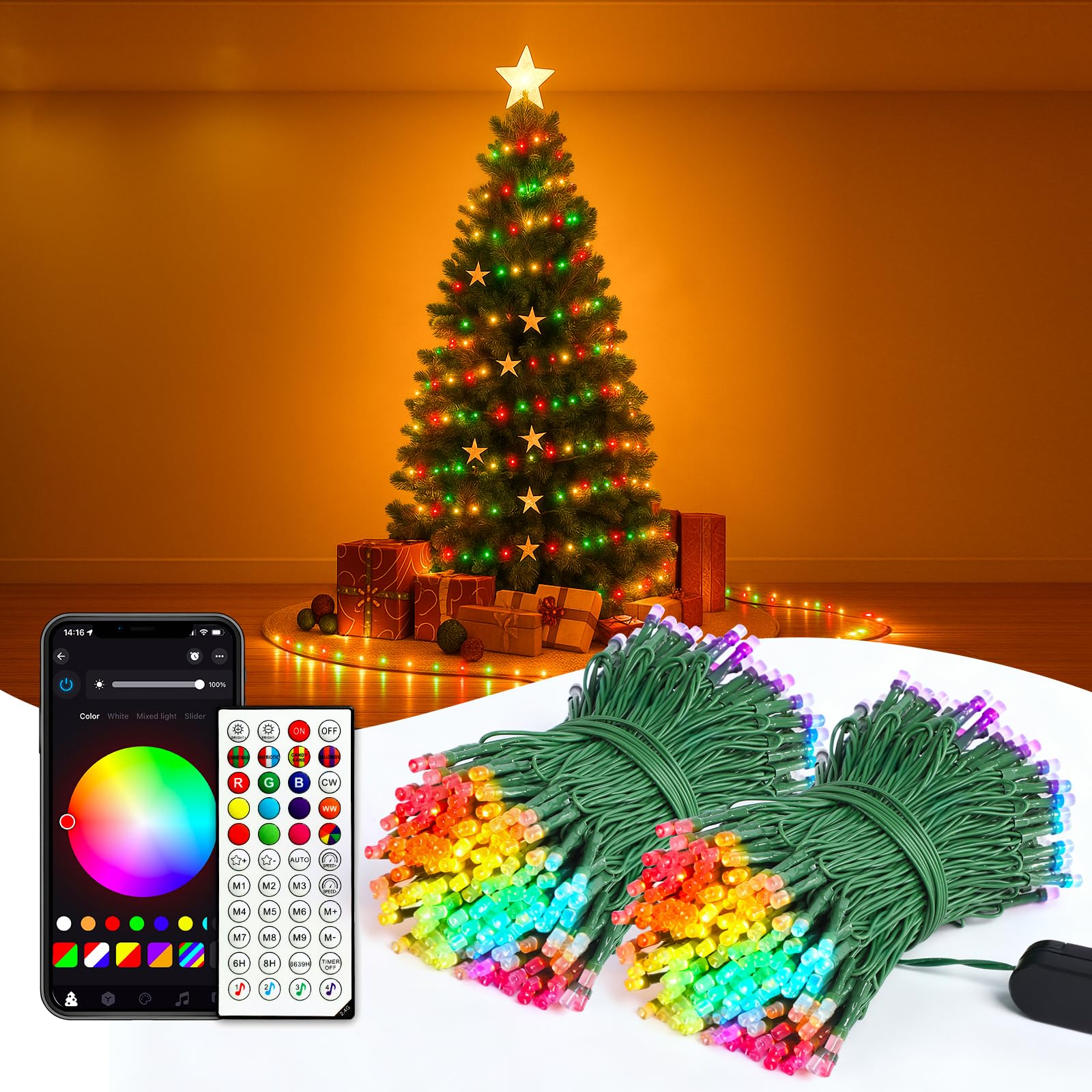 YULINKCO Smart RGB+IC String Lights with 300 LED, 98 FT Indoor Color Changing Christmas Lights, APP & Remote Control, 84 Scenes, Music Mode, Christmas Tree Decor