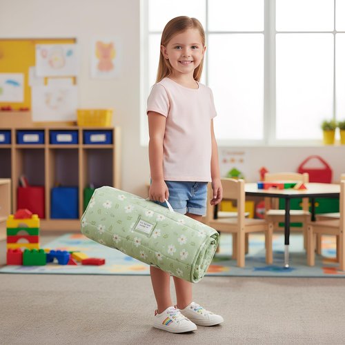 Toddler Nap Mat with Pillow and Blanket,Soft Slumber Bags for Girls,Kids Sleeping Bags with Roll Up Design,Green Floral Nap Mats for Preschool,Daycare,Kindergarten,Fits Ages 3-6 Years Old-Green