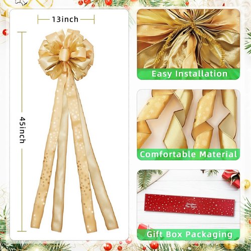 45 * 13Inch Christmas Tree Topper Bow Decoration, Large Glitter Tree Decoration Ornaments(Gold)