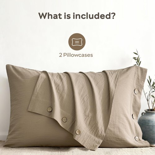 JELLYMONI 100% Washed Cotton Standard Pillowcases Set, 2 Pack Linen-Like Texture Breathable Pillow Covers with Button Closure,Dusty Khaki Standard 20"×26"(Pillows are not Included)