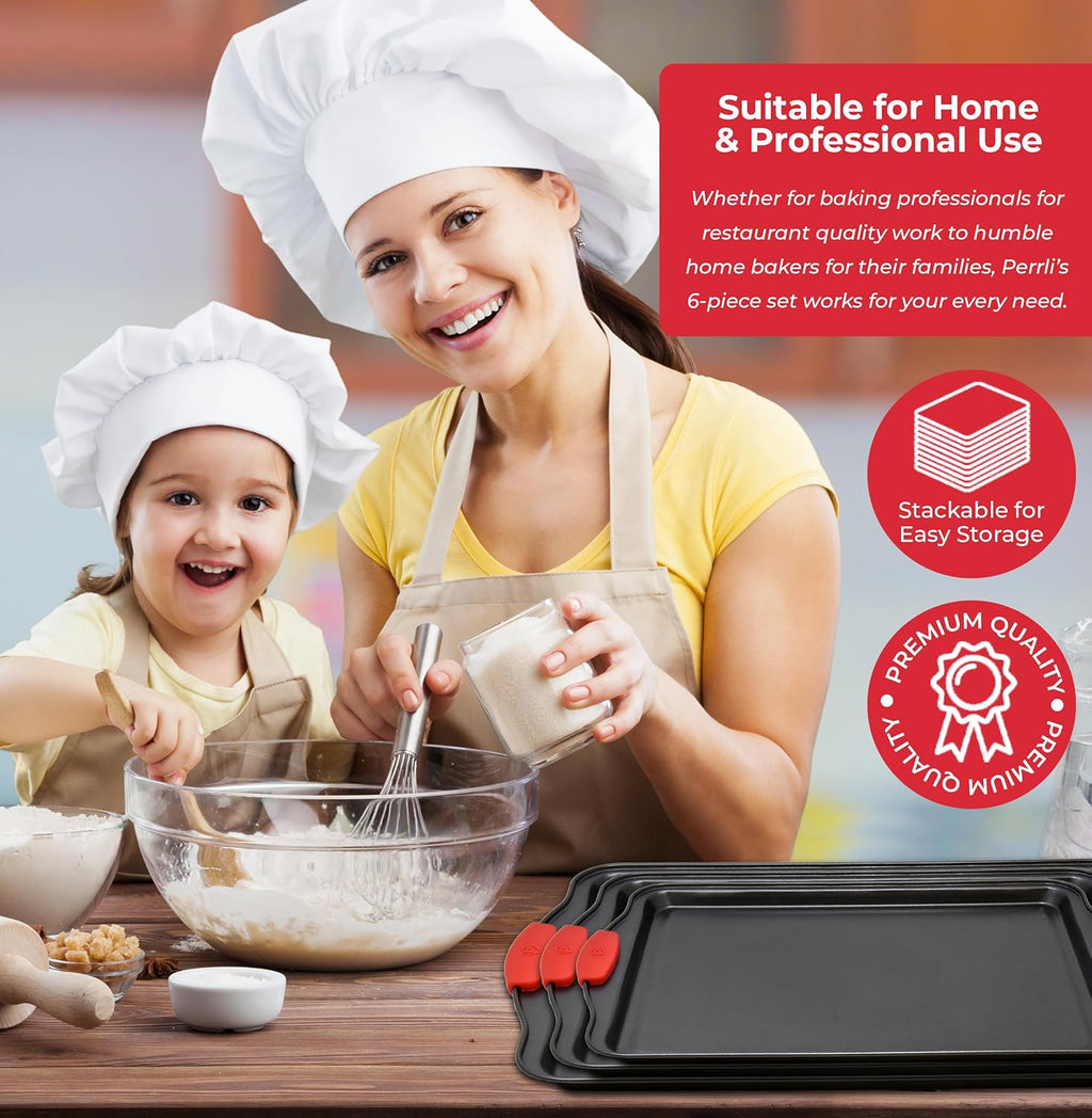 PERLLI Non-Stick Baking Pan Set - 3-Piece BPA-Free Carbon Steel Bakeware with Silicone Handles | Oven Safe Up to 446°F