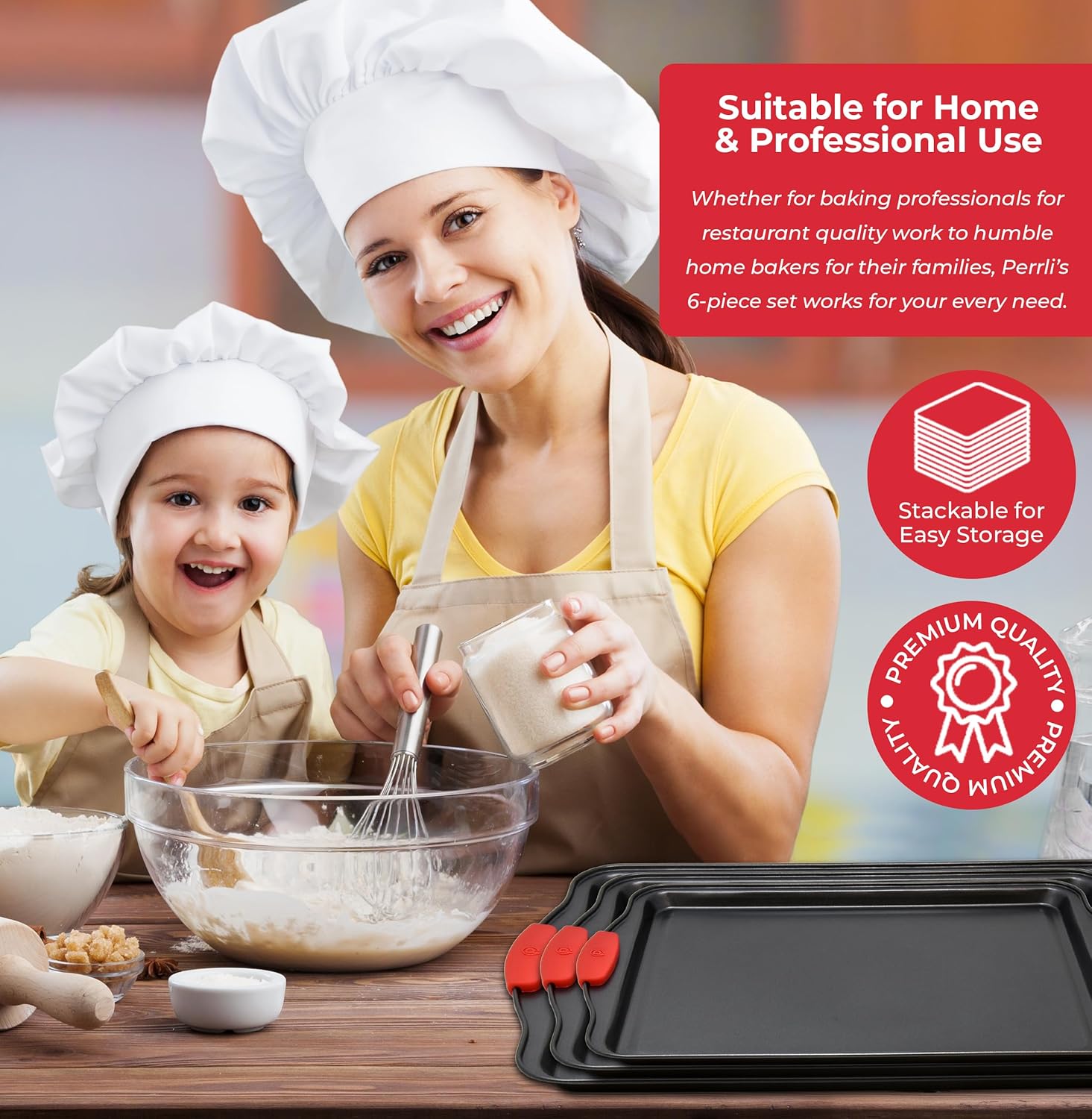 PERLLI Non-Stick Baking Pan Set - 3-Piece BPA-Free Carbon Steel Bakeware with Silicone Handles | Oven Safe Up to 446°F