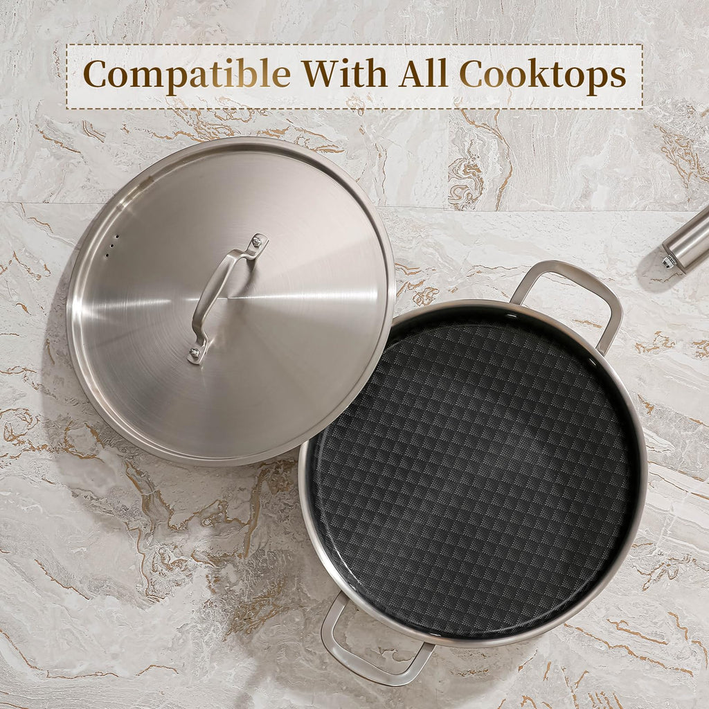 DELARLO Tri-Ply Stainless Steel Braiser Pan with Lid 5 Quart Nonstick Induction Cooking Rondeau Pot 12 Inch Deep Frying Pan Large Saute Pan Heavy Duty, Dishwasher and Oven Safe to 550℉