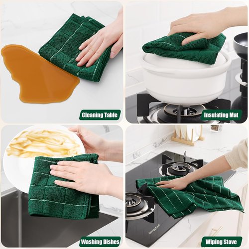 Homaxy Microfiber Kitchen Towels Set - 12 Pack Soft, Absorbent & Quick Drying Rags | Dark Green, 28 x 16 Inch & 12 x 12 Inch
