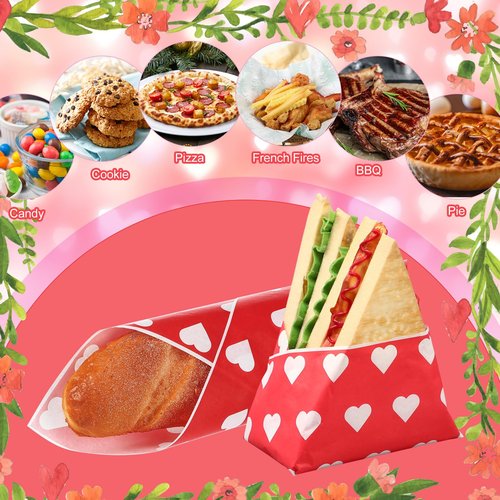 FoldTier 100 Pcs Valentine's Day Wax Paper Sheets for Food Wrapping 12x12 Inch Deli Paper Sheets Greaseproof Parchment Papers Food Basket Liners for Sandwich Burgers Fries (Classic, Red, White)