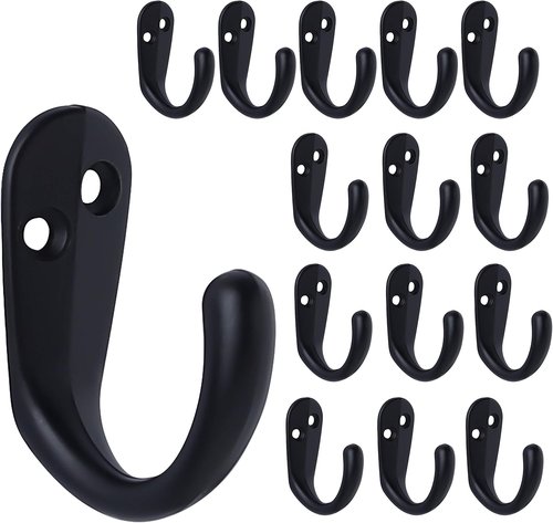 IBosins Coat Hooks - 15PCS Wall Mounted Single Prong Robe Hooks with 30 Screws - Black for Towels, Bags & Hats