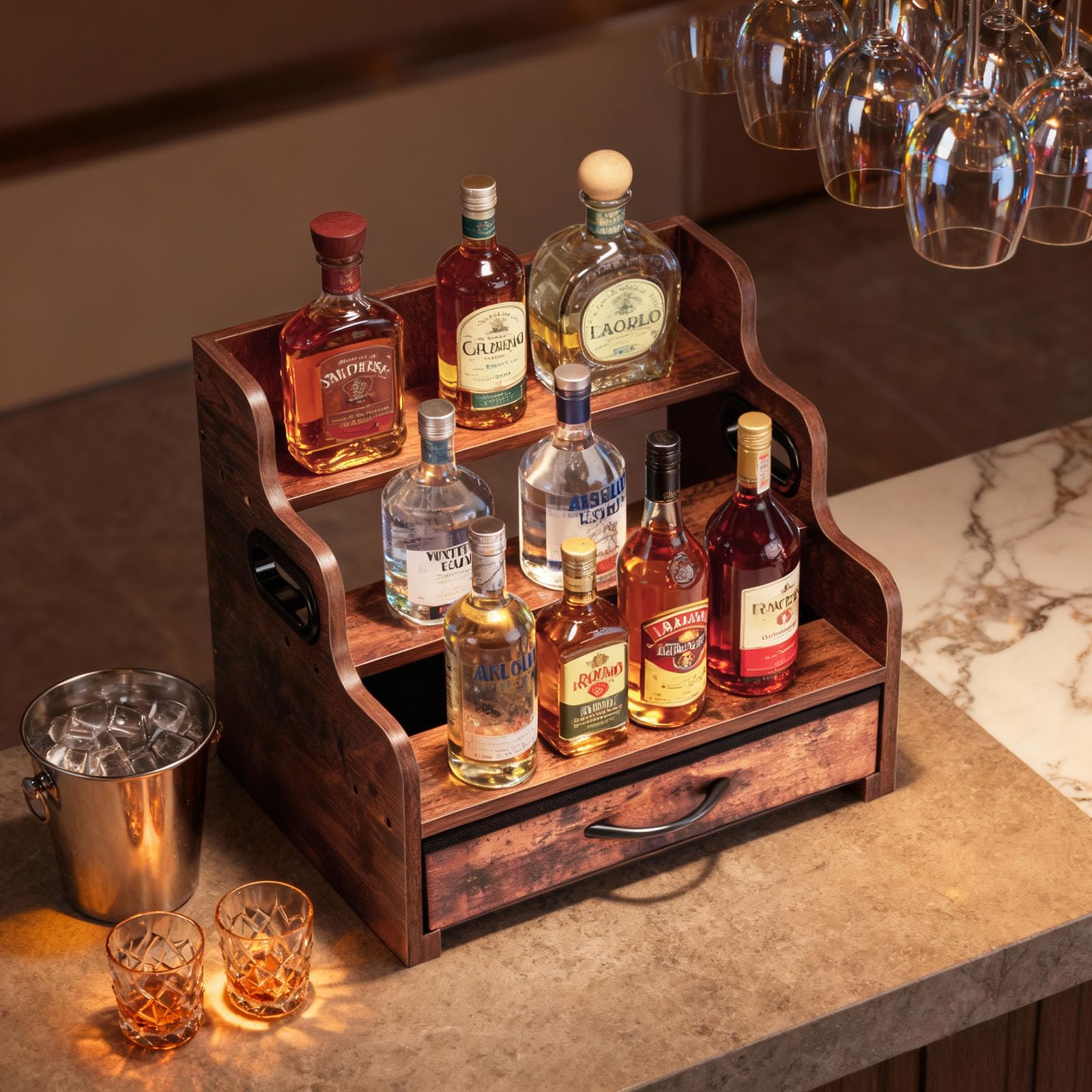 BoyTwimb Liquor Bottle Display Shelf 3 Floors with Drawers Countertop Wine Rack can Accommodate 12 Bottles and 36 K Cups, Minibar Coffee Syrup Storage Box, Whiskey