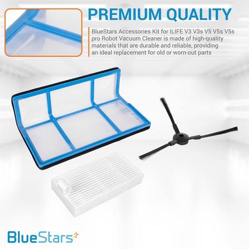 BlueStars Replacement Parts Filter Kit for Robotic Vacuum ILIFE V3 V3s V5 V5s V5s Pro Robot Vacuum Cleaner - 1 Primary Filter 3 HEPA Filter 6 Side Brushes - Pack of 10