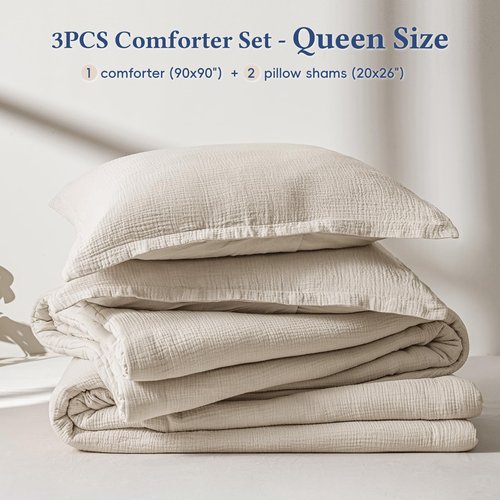 David's Home Cotton Muslin Comforter Set Queen Size, Soft Lightweight Breathable Cozy Skin-Friendly, 3PCS Linen Like Gauze Bedding with Pillow Shams, Aesthetics Home Decor & Giftable, Natural