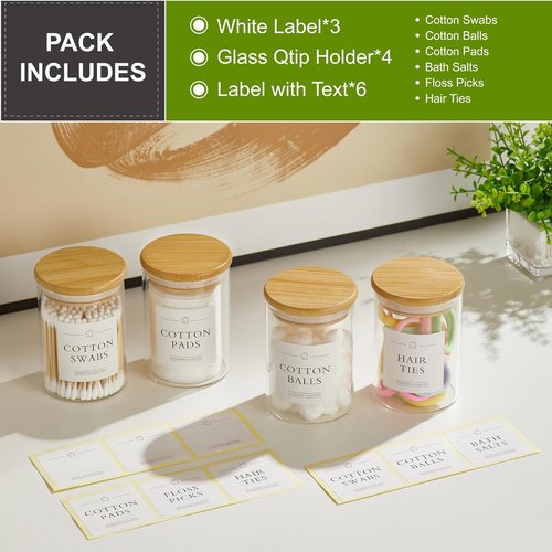 INIUNIK Qtip Holder Dispenser - 4 Pack Glass Apothecary Jars with Lids for Bathroom Organization