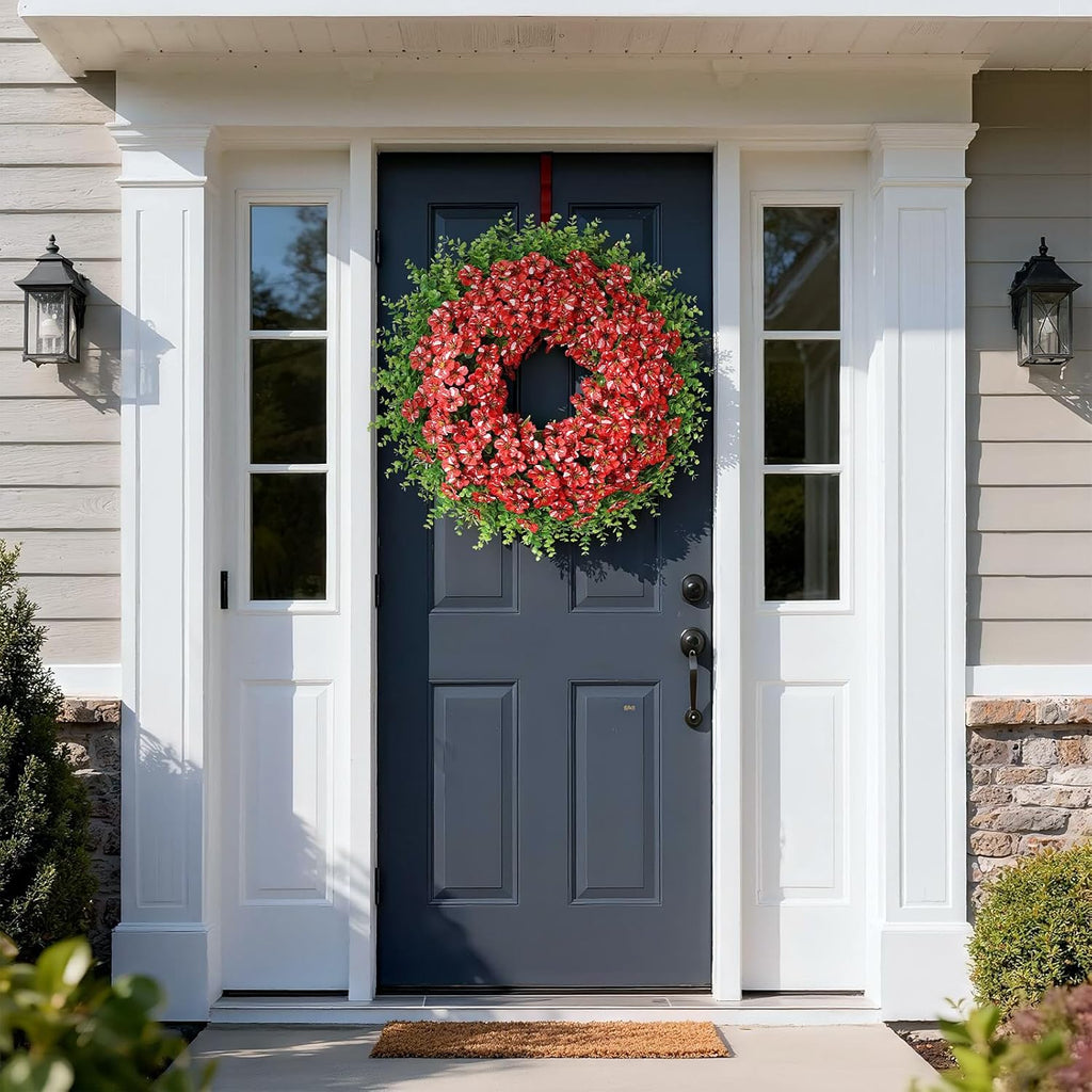 Starry Sky Morning Glory Wreath by 26" - Faux Eucalyptus & Flower Decor for Spring/Summer | Red