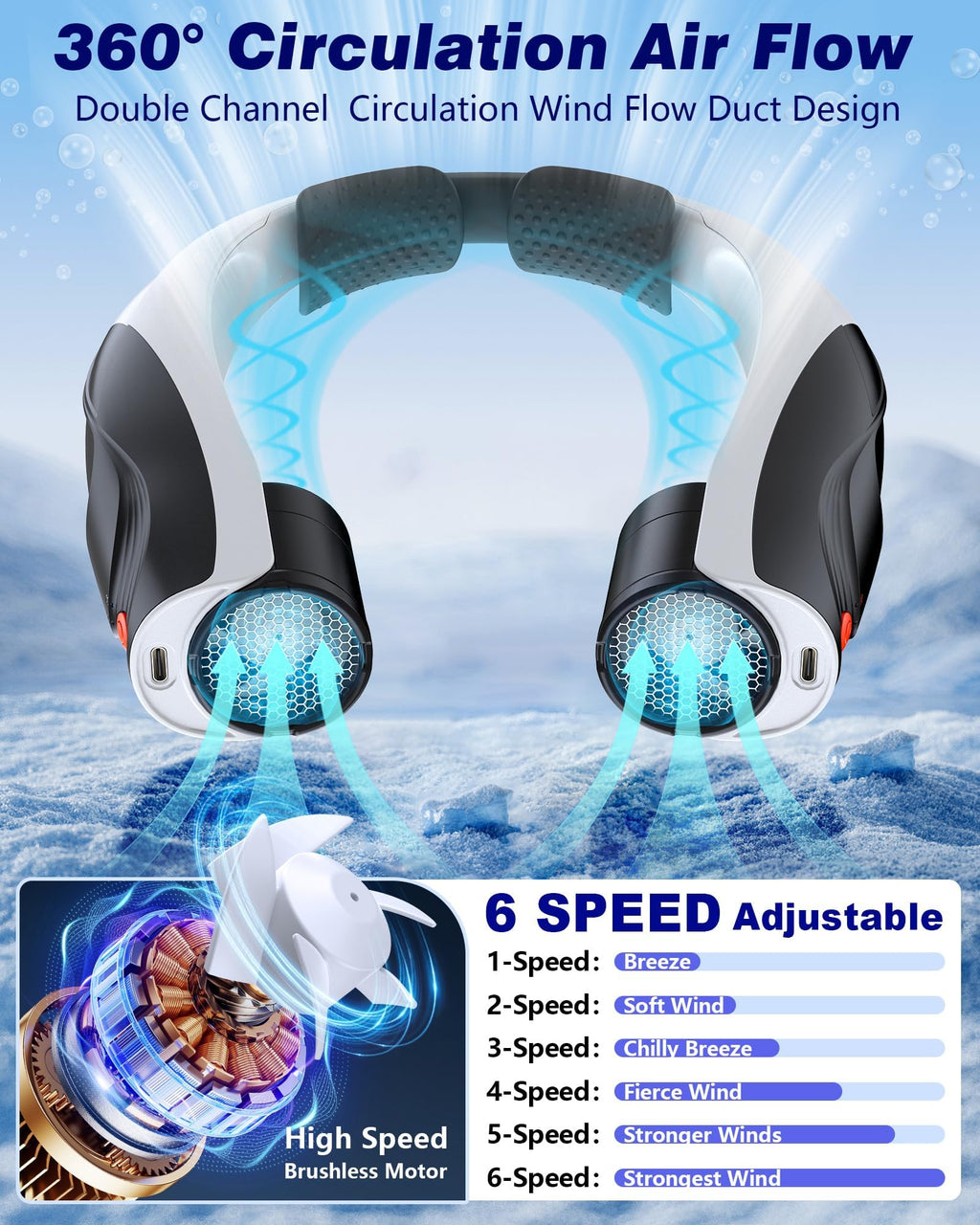 Tenvolti Portable Neck Fan- Hands Free Personal Fan, 6 Speeds 6000mAh Long-Lasting Battery Faster Cooling, USB-C Rechargeable, 360° Airflow, Quiet Gifts for Women Men Office Travel Outdoor