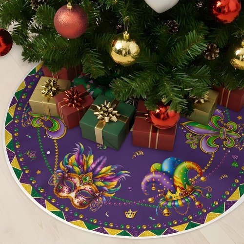 VISSTREE Mardi Tree Skirt, 48 Inch Mardi Carnival Tree Decorations, Purple Carnival Masquerade Mask Round Collar Mat for Christmas Gras Holiday Festive Party Indoor Ornaments Home Decor