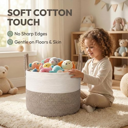 JMvicyroam Extra Large Blanket Basket - Woven Cotton Rope Laundry Hamper with Reinforced Handles | White & Brown