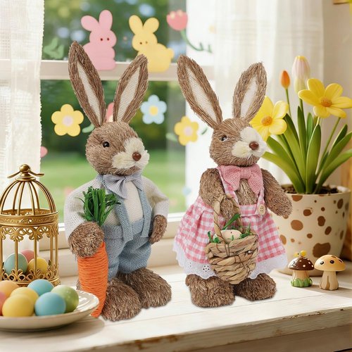 DR.DUDU Easter Decorations - Set of 2 14" Sisal Bunny Figurines with Carrot & Egg | Spring Farmhouse Centerpieces
