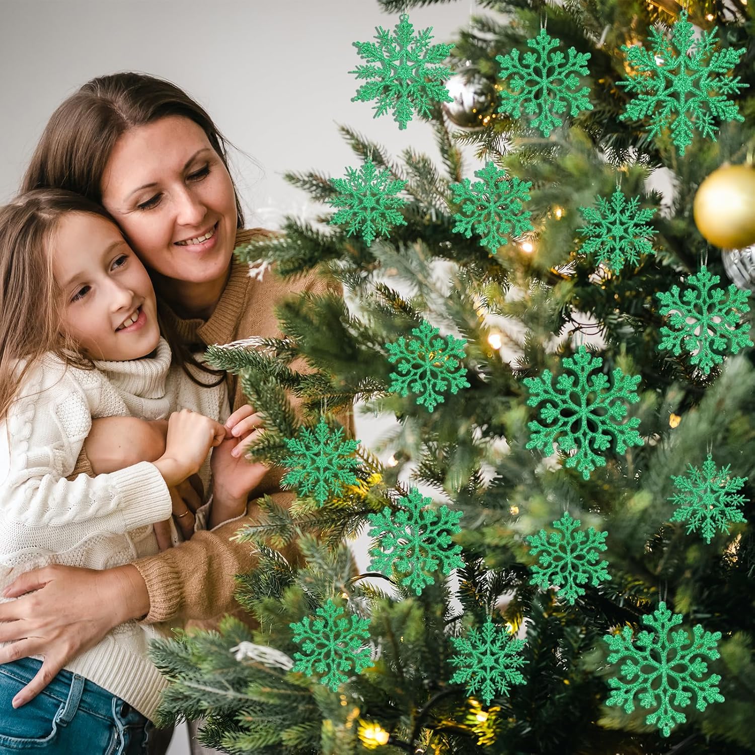 Skiennix Dark Green Christmas Snowflake Ornaments - 36Pcs Glitter Hanging Decor for Winter Wonderland