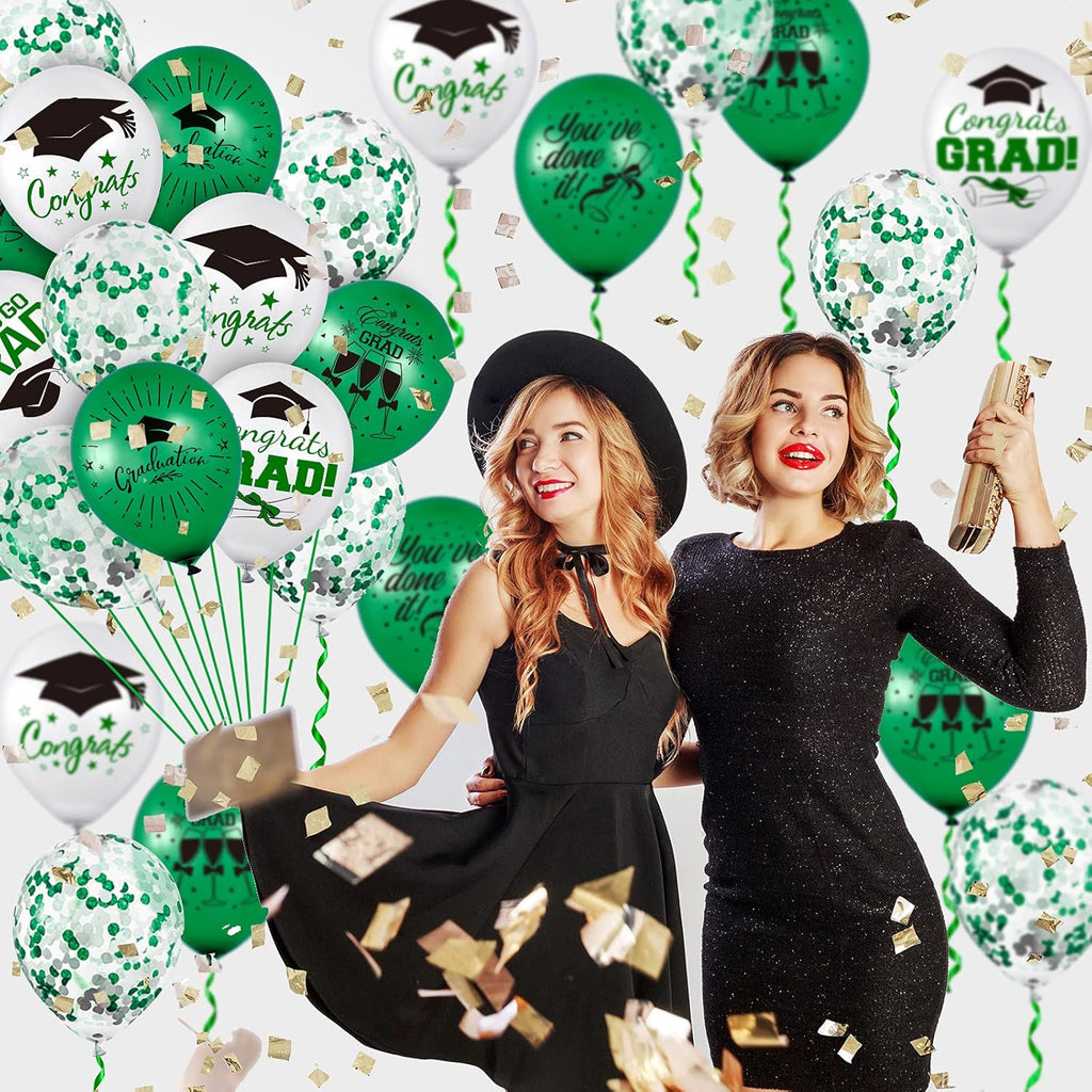Whaline Graduation Party Balloon Set - 60 Pcs Green & White Confetti Latex Balloons | 7 Designs with Ribbon
