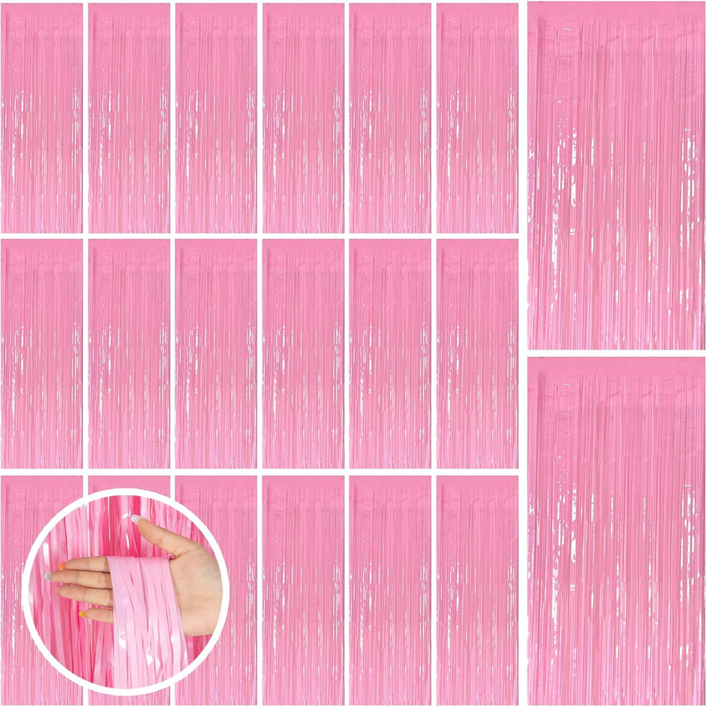 Skiennix Pink Tinsel Curtain Backdrop - 20 Pack Foil Fringe Decorations for Parties & Events