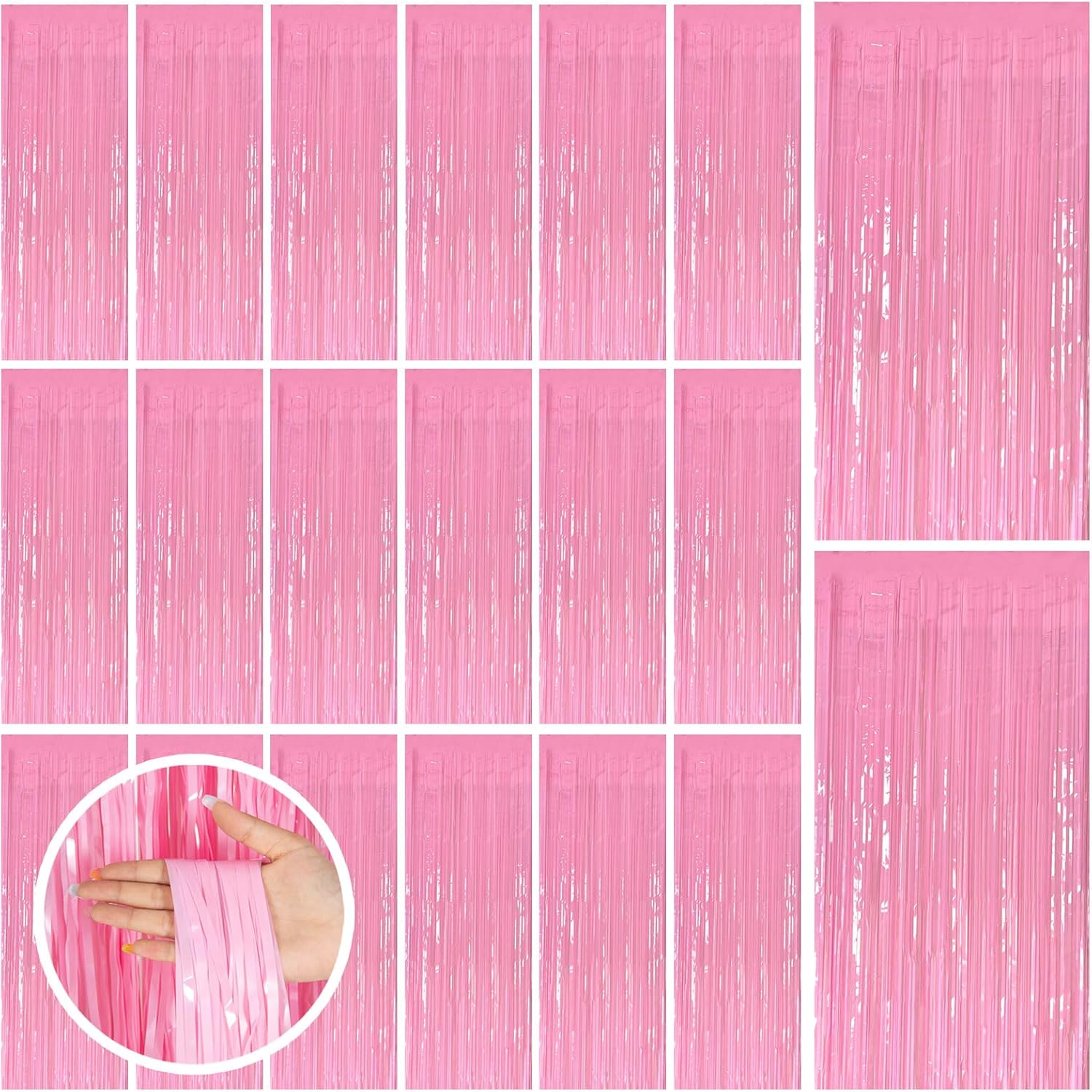 Skiennix Pink Tinsel Curtain Backdrop - 20 Pack Foil Fringe Decorations for Parties & Events
