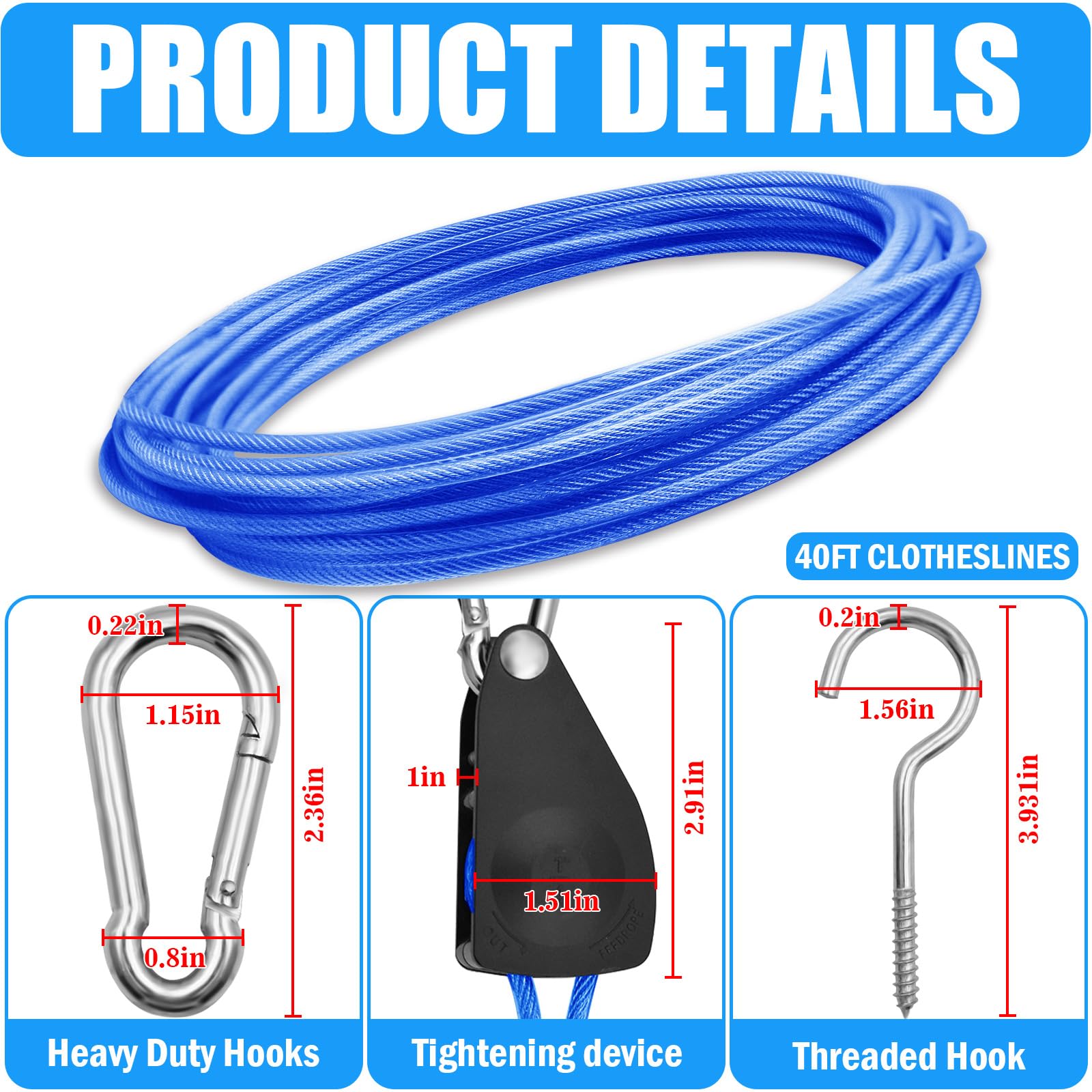 VIVBOO 40ft Clothes Line Outdoors 3/16" Wire Ropes Blue PVC Coating Laundry Drying Clothesline Retractor with Metal Hooks Heavy Duty for Umbrella Travel Outside Camping Backyard