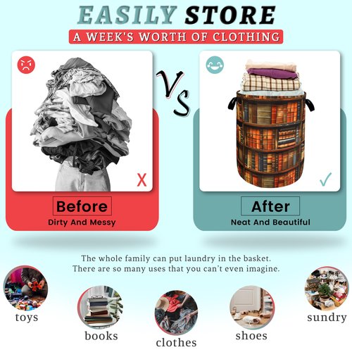 Retro Wooden Bookshelf Pattern Laundry Hamper Books Laundry Basket With Handles Foldable Oxford Cloth Funny Tote Bag Clothes Toy Storage Bucket 18.9"x16.5" For Bathroom/Laundry/Bedroom
