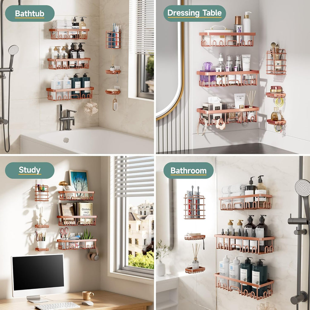 Veken Shower Caddy - Rustproof Waterproof Adhesive Shelves Rack | 6-Pack Large Capacity Rose Gold Bathroom Organizer