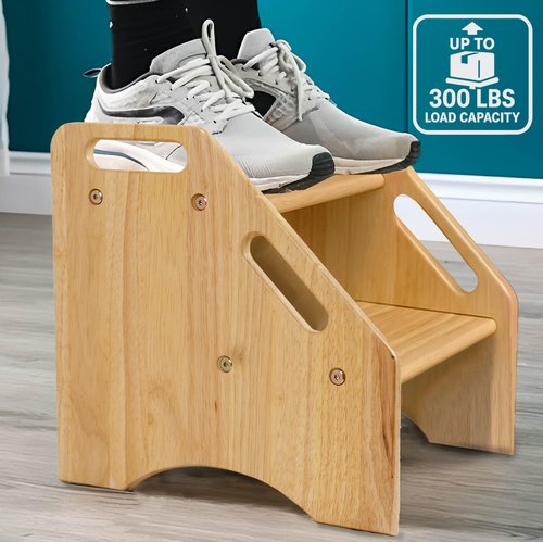 NABYTOK Wooden Step Stool for Toddlers and Adults, 300 lbs Capacity, Two Tier Bathroom Stool with Handles, Lightweight Non-Slip Pads, for Toilet, Sink or Kitchen Use