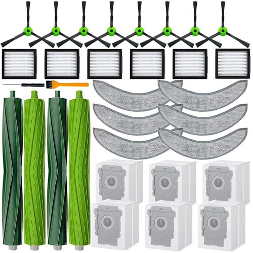 32 Pack Replacement Parts Kit Compatible with iRobot Roomba Combo j7+ Plus, Combo j9+,Combo 10 Max Vacuum, Includes 2 set Roller Brushes, 6 Mop Pads, 6 HEPA Filters, 8 Side Brushes, 6 Dust Bags
