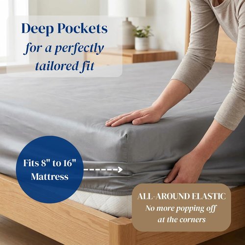 Beckham Hotel Collection King Size Sheets Set - 100% Cotton Sateen, Silky Smooth, 16” Deep Pocket, Gray