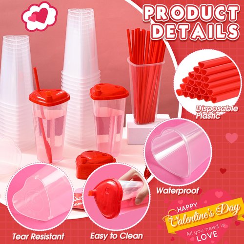 Potchen 160 Sets Heart Shaped Plastic Cups with Straws 16 oz Disposable Cups with Lid and Straws for Valentines Birthday Wedding Anniversary Party Supplies (Red)