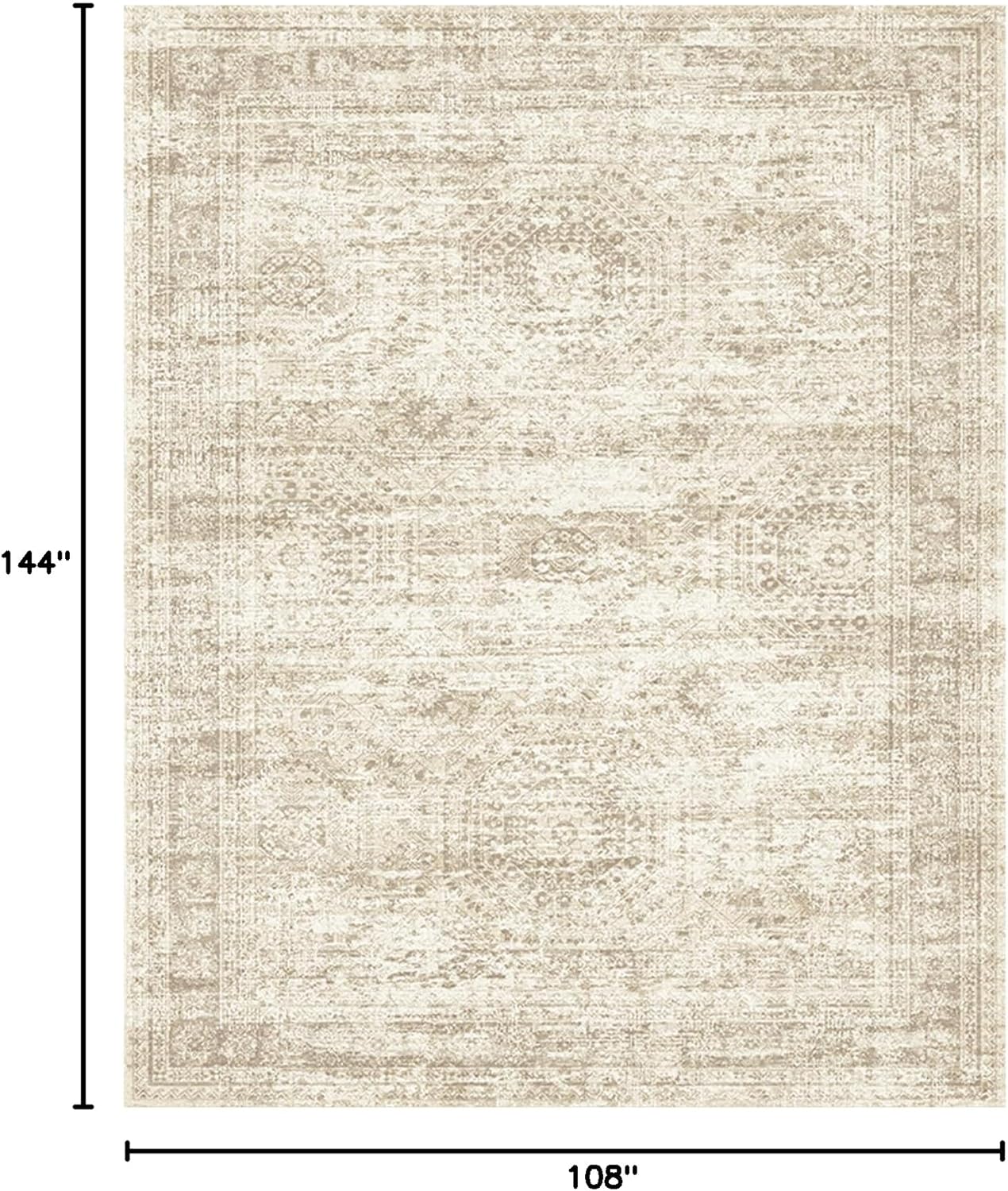Soalmost 9x12 Area Rug - Non-Slip, Machine Washable Vintage Design for Living Room & Bedroom - Beige