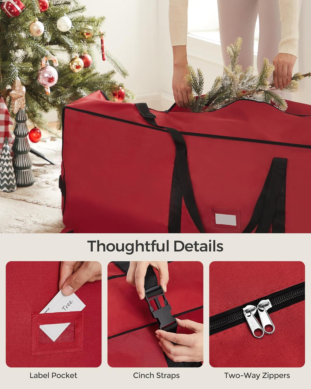 SONGMICS Christmas Tree Storage Bag - Rolling Design with 1.6-Inch Wheels, Fits Up to 7.5 ft Trees, Cherry Red