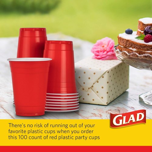 Glad Everyday Disposable Plastic Cups - Strong Red Party Cups for All Occasions - 16oz, 100 Pack Heavy Duty
