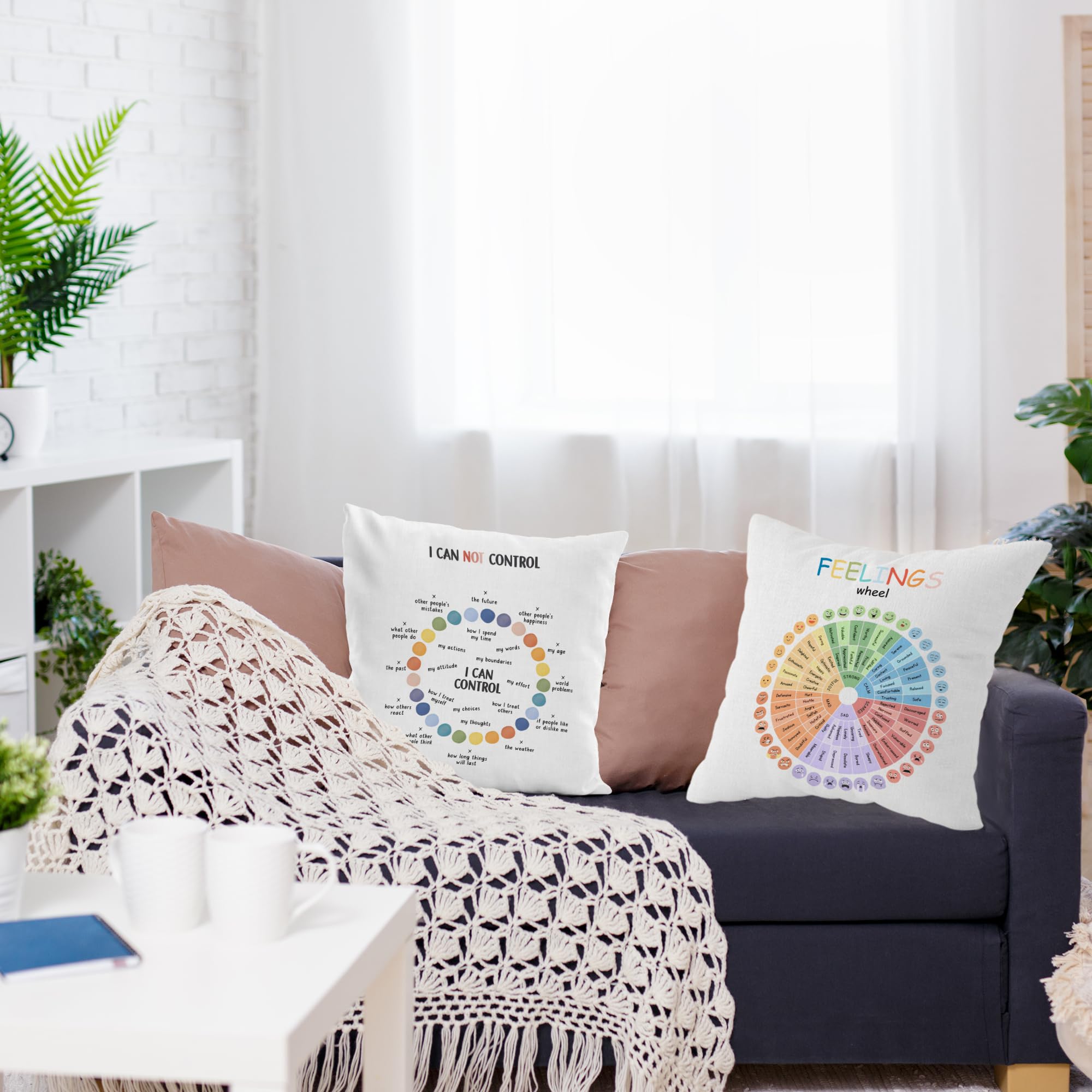 URLLUAE Feelings Wheel Pillow Covers 18x18, Counseling Office Must Haves Throw Pillow Cover, Calming Corner Classroom Room Decor, Mental Health Therapy Office Decor,Classroom Pillows Covers,Set of 2