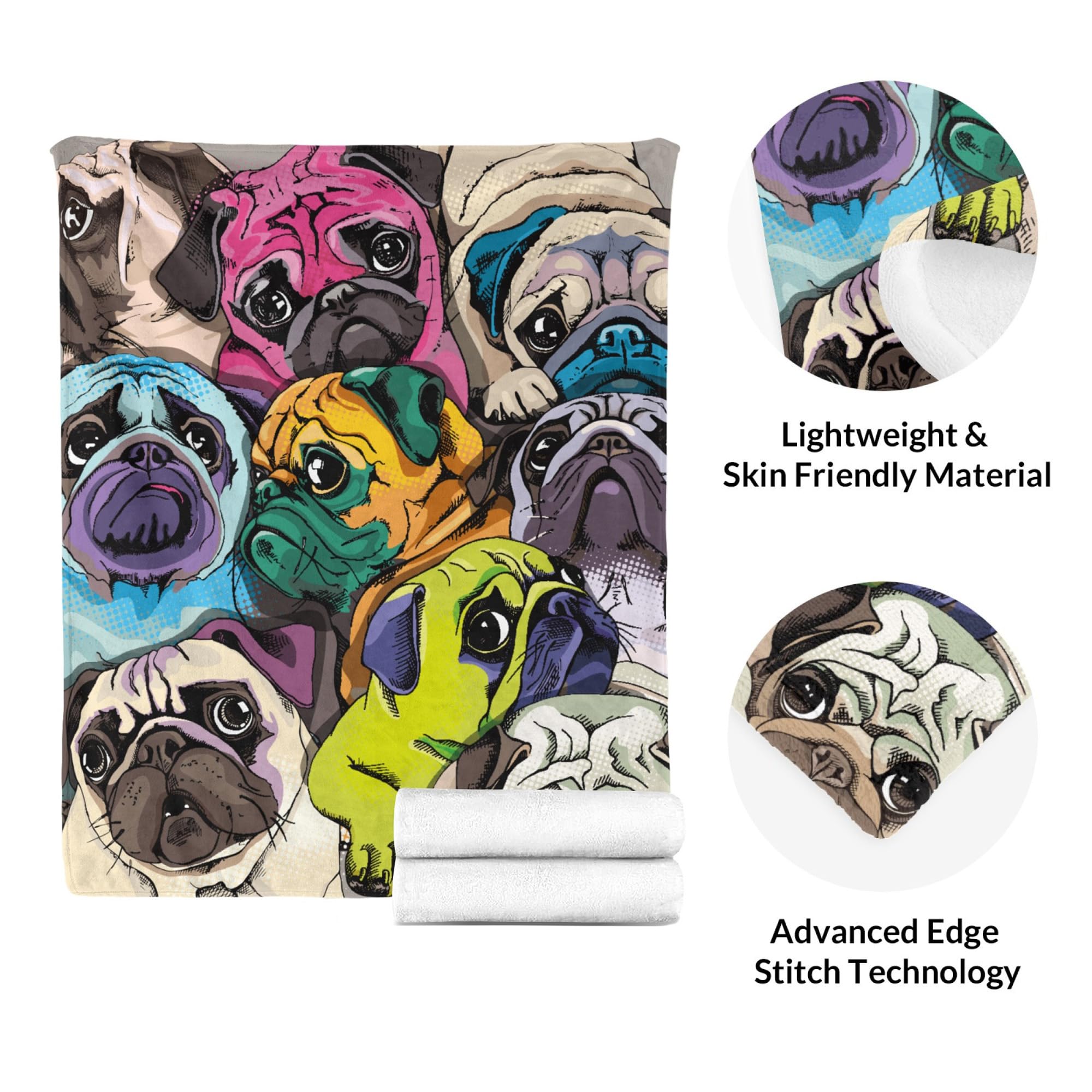Pug Blanket Gifts for Women, Cute Pug Print Theme Decor Home Bedroom Living Room Couch Sofa Adults Soft Cozy Plush Flannel Throws 50"x40"