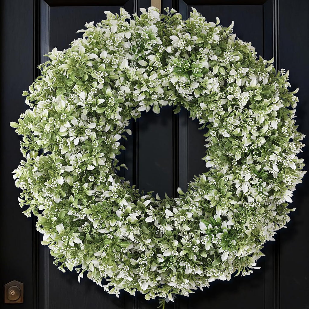 Skiennix 26" Artificial Boxwood Wreath - Large Faux Aglaia Odorata for Year-Round Outdoor Decor | White-Green
