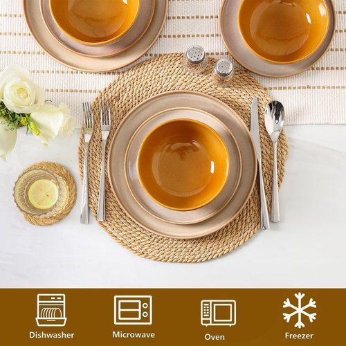 Vicrays Ceramic 12 Pieces Dinnerware Set - Dinner Plates Salad Plates Cereal Bowls Set Service for 4 - Scratch Resistant Microwave Oven Dishwasher Safe - Beige