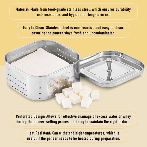 KSJONE Stainless Steel Square Paneer Maker/Mould/Strainer Perfect for Making Delicious Tofu, Stainless Steel Paneer Maker with Top Pressing Lid - Size 5.11"W x 5.11"L x 2.3"H inches