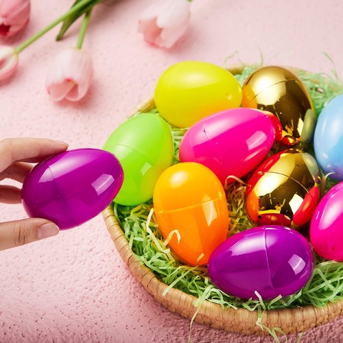 JOYIN 3.15" 94 PCS Plastic Easter Eggs 6 Golden Eggs, Large Empty Eggshells Fillable for Easter Hunt, Parties, Basket Stuffers Filler, Classroom Prize Supplies