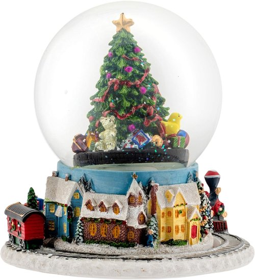 Elanze Designs Musical Glitter Water Snow Globe - Christmas Tree Village with Moving Train & Tune