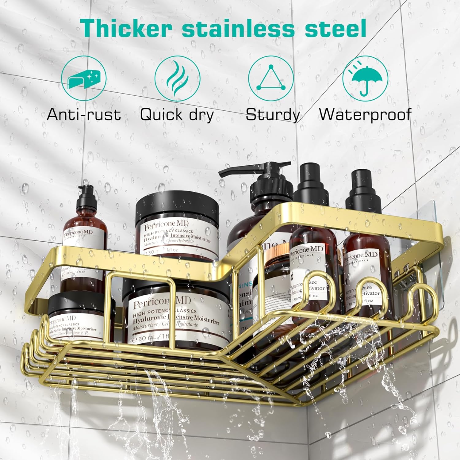 YASONIC Corner Shower Caddy - 3-Pack Adhesive Bathroom Organizer with Soap Holder & 12 Hooks | Rustproof Stainless Steel, Gold