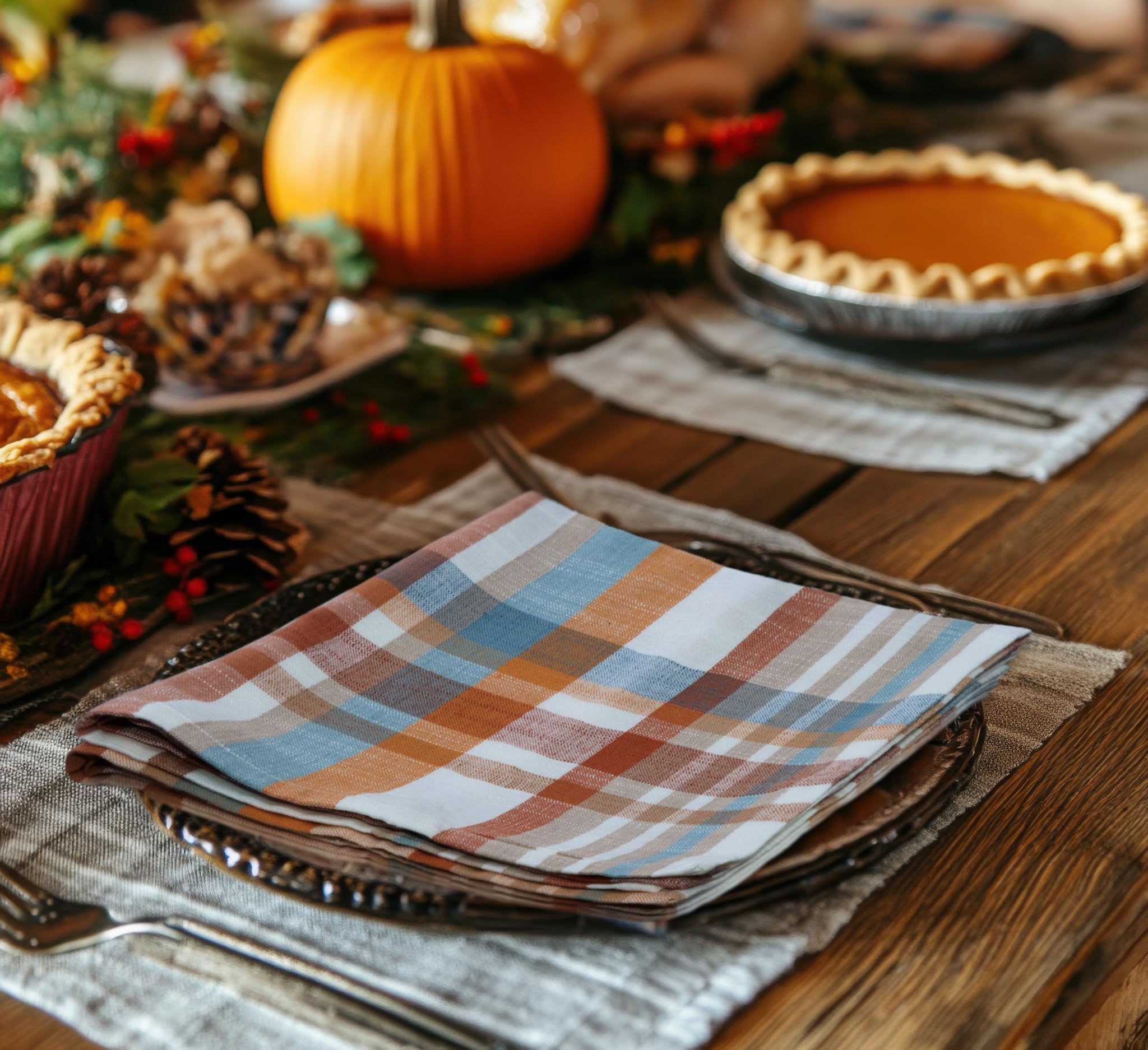 COTTON CRAFT Harvest Cloth Napkins - Set of 12 Multicolor Plaid Pure Cotton Dinner Napkin - Durable Washable Reusable Soft Napkin - Fall Thanksgiving Napkin - Holiday Party Table Napkin Gift - 17x17