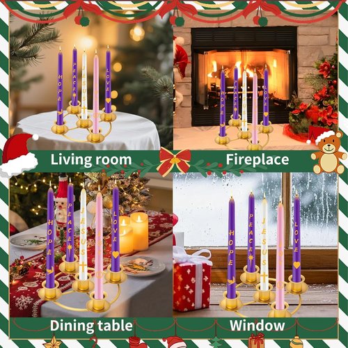 Advent Wreath Candle Holder Set - 5 Gold Taper Candles & Decorative Ring for Christmas Home Decor