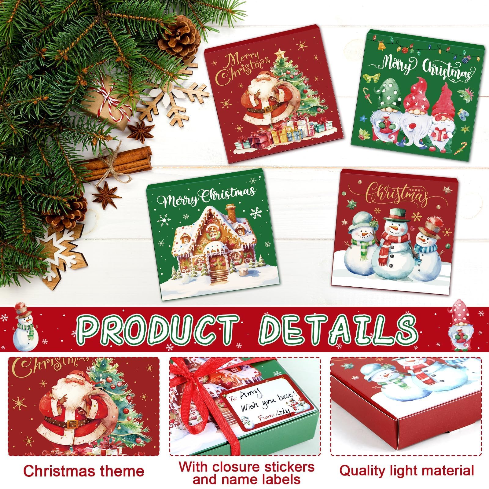50 PCS Christmas Mini Pizza Boxes, 3.54 x 3.54 x 0.78 Inch Square Cardboard Small Reusable Pizza Box Lock Corner Coated Kraft Boxes Bulk for Celebrations Cookies Cake Party Favors Christmas
