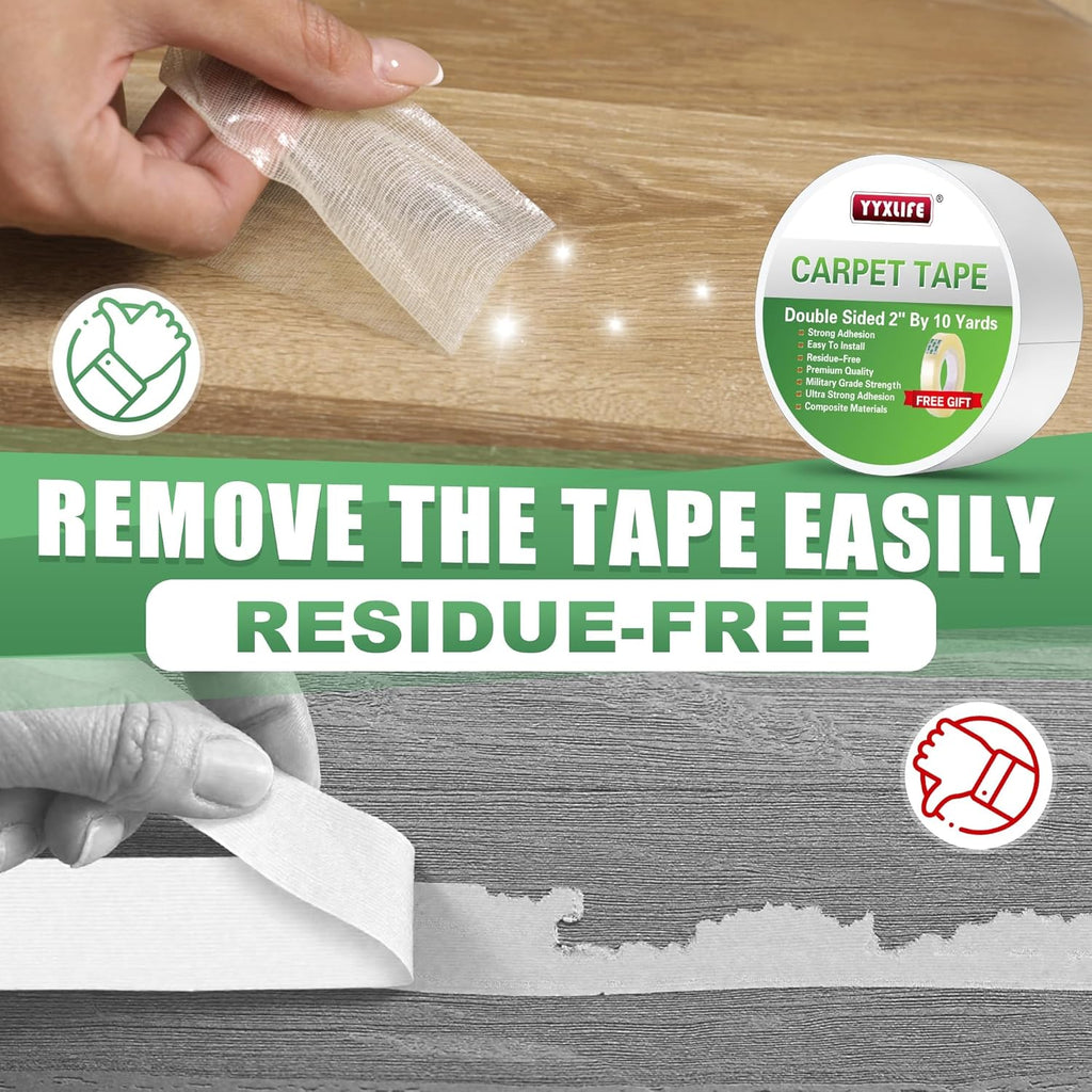 YYXLIFE Double-Sided Rug Tape | Strong Adhesive for Hardwood Floors - Non-Slip, Residue-Free, 2" x 10 Yards, White