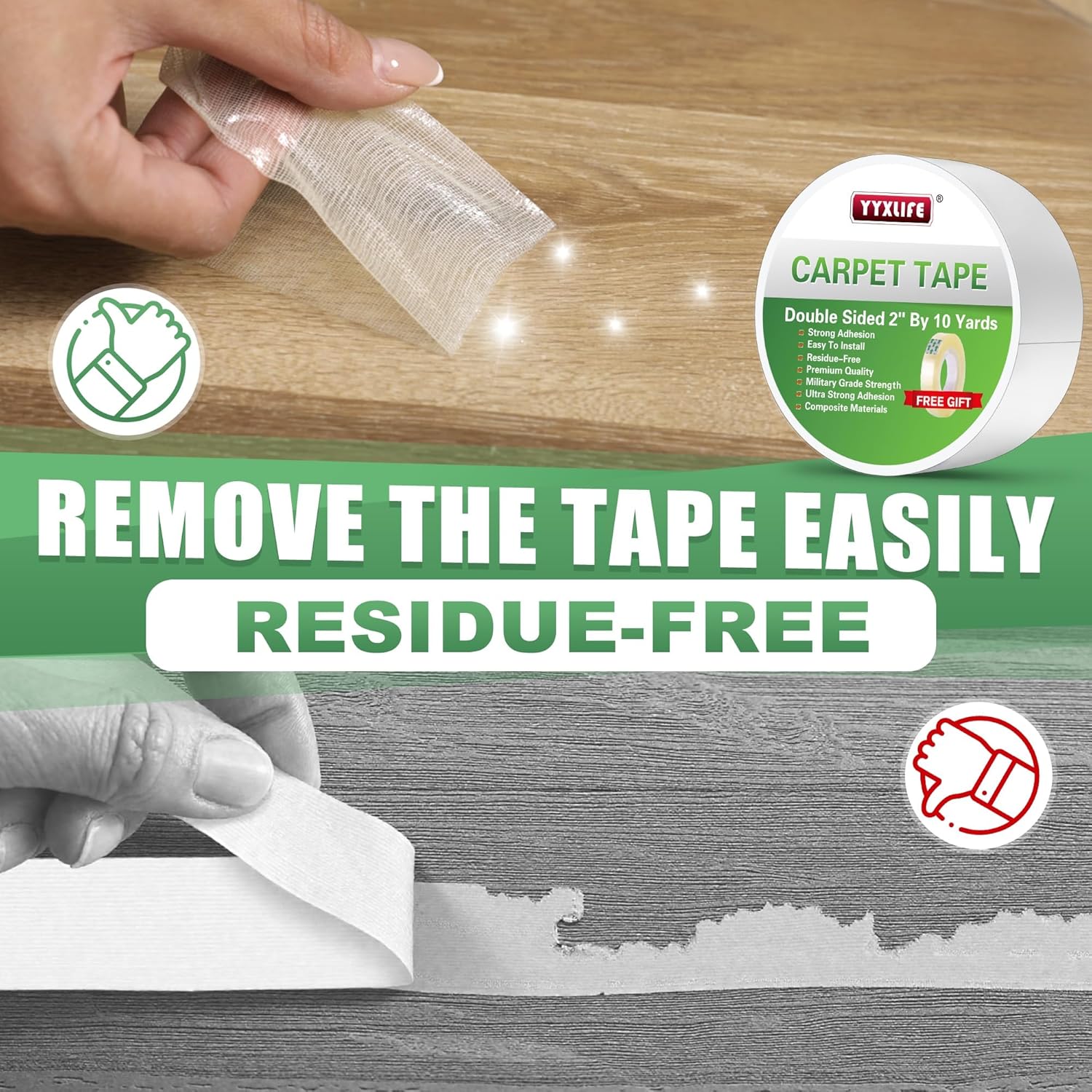 YYXLIFE Double-Sided Rug Tape | Strong Adhesive for Hardwood Floors - Non-Slip, Residue-Free, 2" x 10 Yards, White