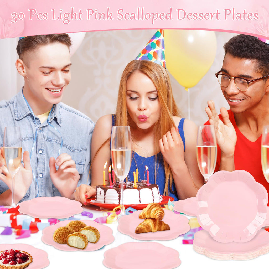 ZUQMZUQ 30 Pcs Light Pink Paper Plates - 9 Inch Pink Scalloped Dessert Plates Disposable Light Pink Birthday Party Supplies Dinner Plates for Wedding Valentine's Day Baby Shower
