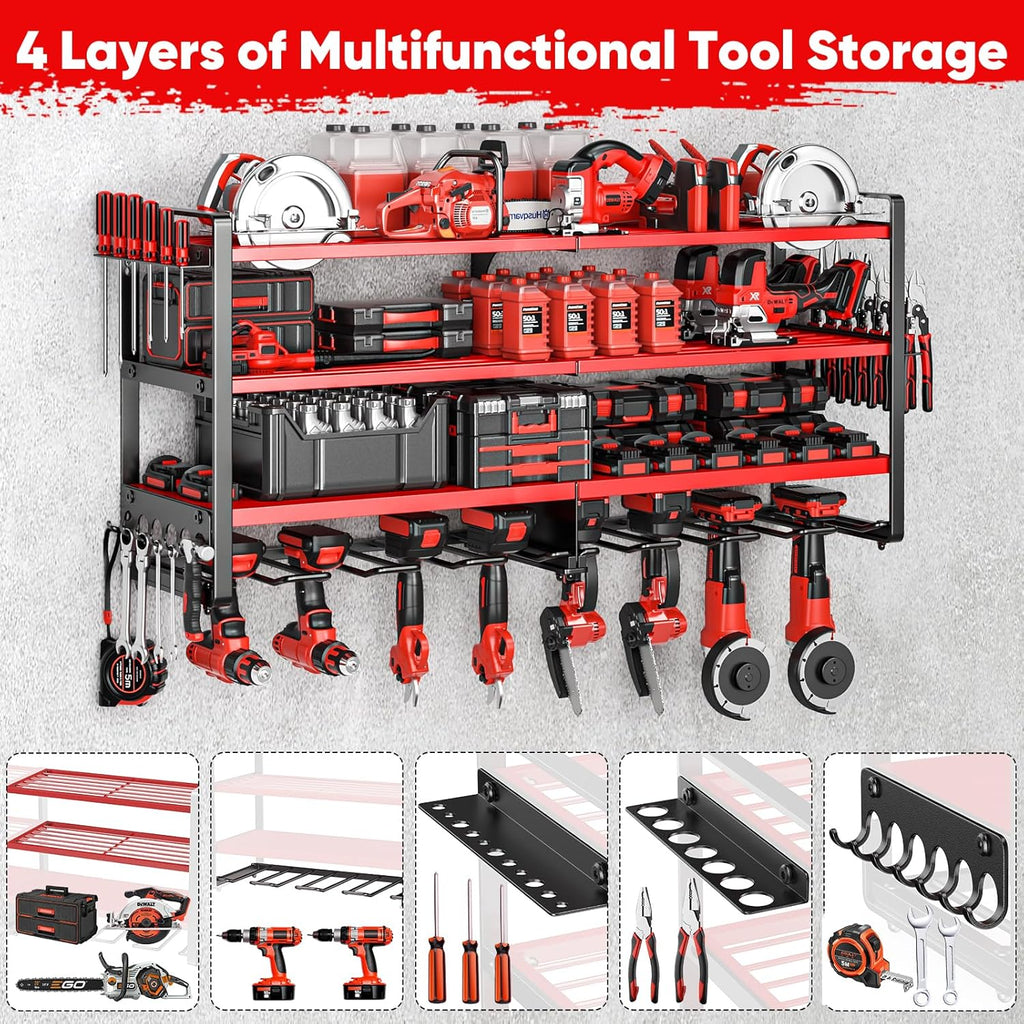 POKIPO Heavy-Duty Power Tool Organizer - Wall-Mounted 4-Layer Storage Rack for 400lbs | Includes 8 Cordless Drill Holders