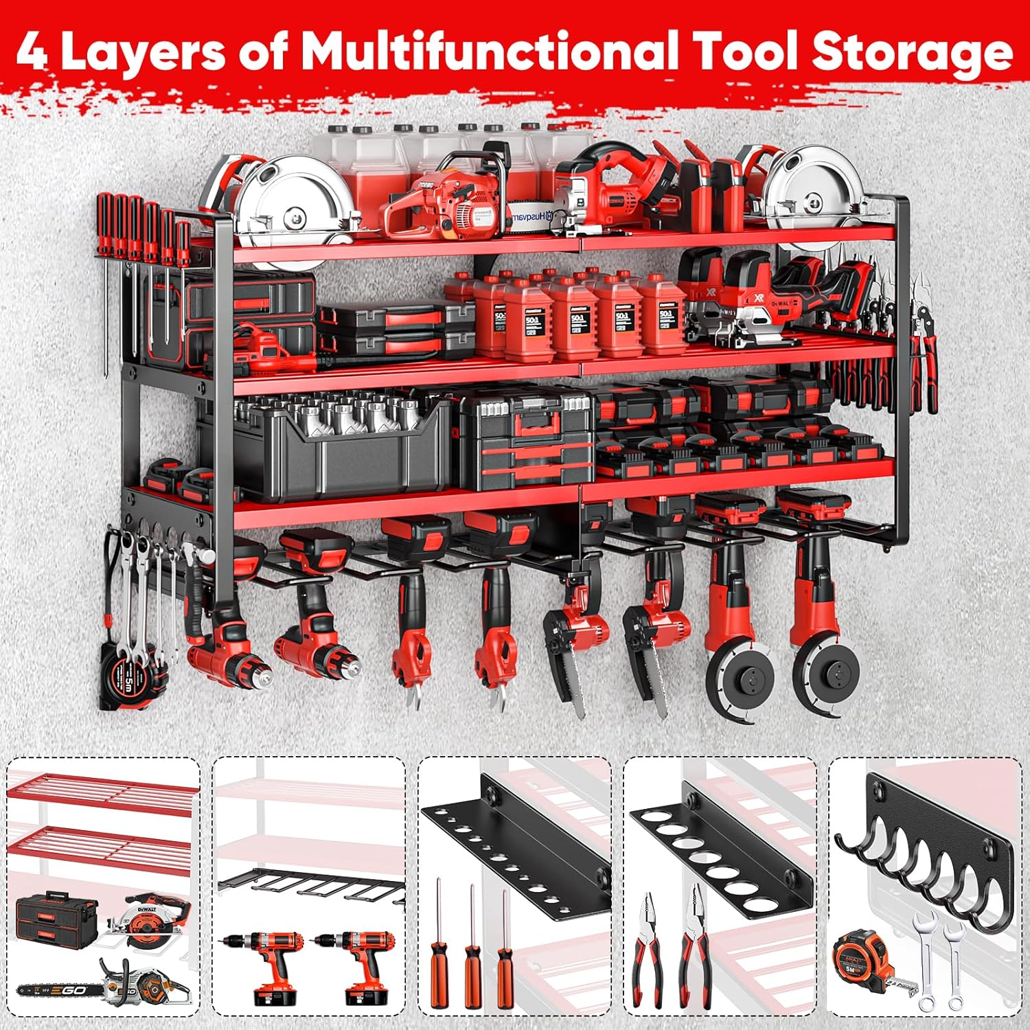 POKIPO Heavy-Duty Power Tool Organizer - Wall-Mounted 4-Layer Storage Rack for 400lbs | Includes 8 Cordless Drill Holders